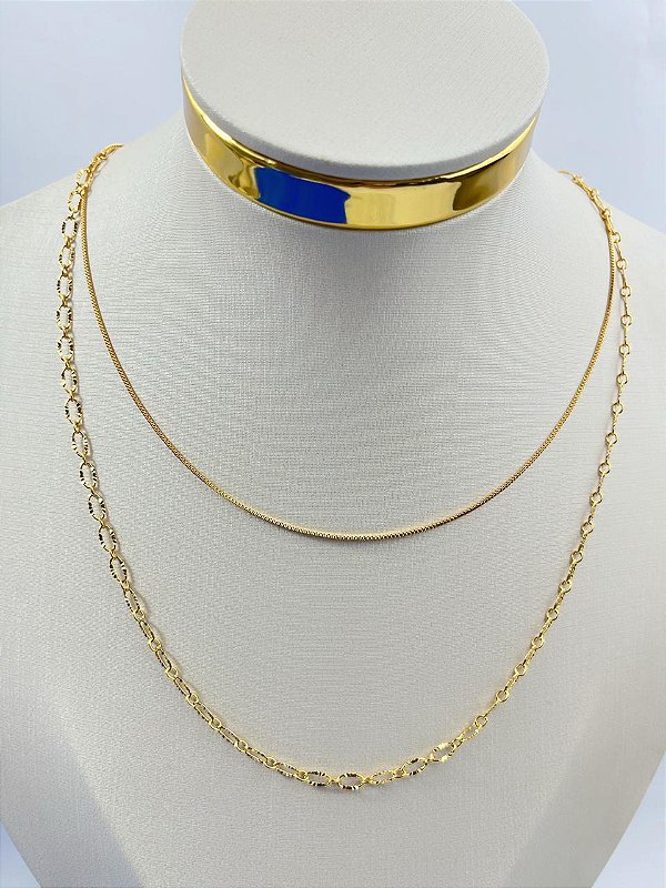 Colar Duplo Veneziana 60 e 40 cm *Banho 5 Milésimos Ouro* Semijoia * com Alongadora extensora de 5cm e Fecho de Latão Com Verniz Protetivo italiano - 1 Unidade