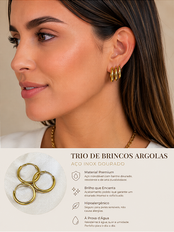 Trio Brinco Argola Aço Inox Dourado tipo click - antialergico - P M G - 3 pares