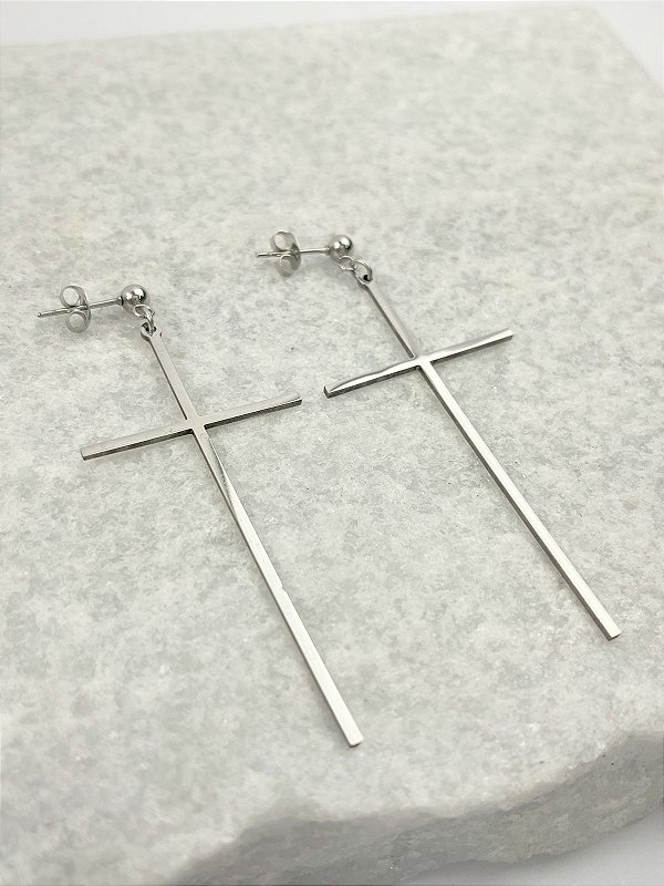 Brinco Cruz lisa aço inox - com base bolinha - 1 par antialergico