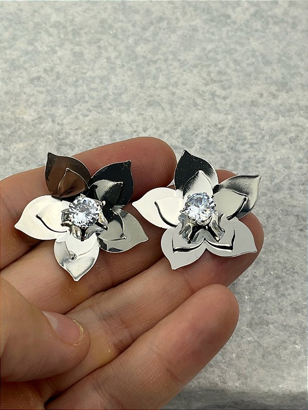 Brinco Flor em aço inox com Zirconia cristal - 1 par