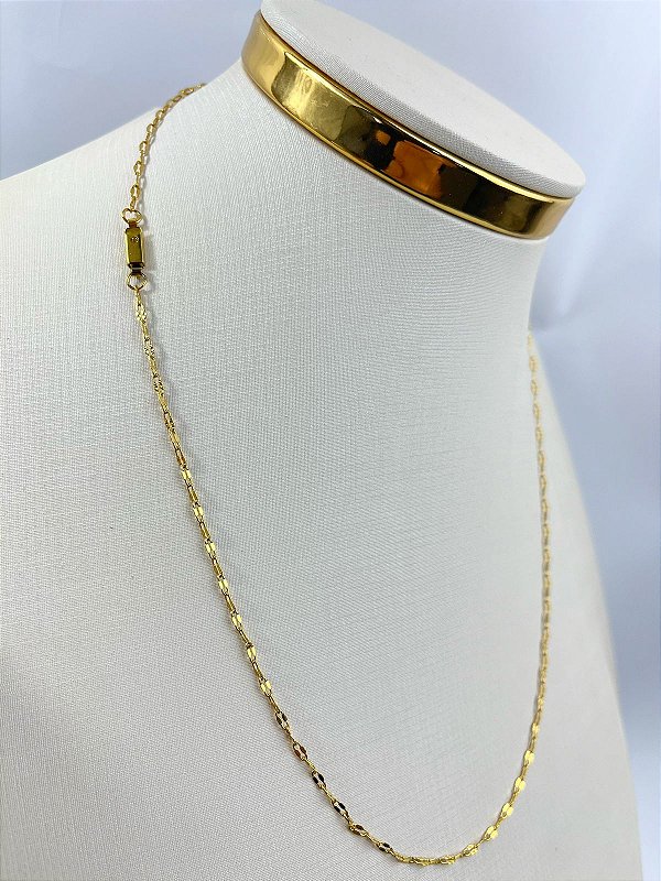 Colar Aço Inox corrente diamantada Dourado antialergico medida 60cm - 1 unidade com fecho gaveta