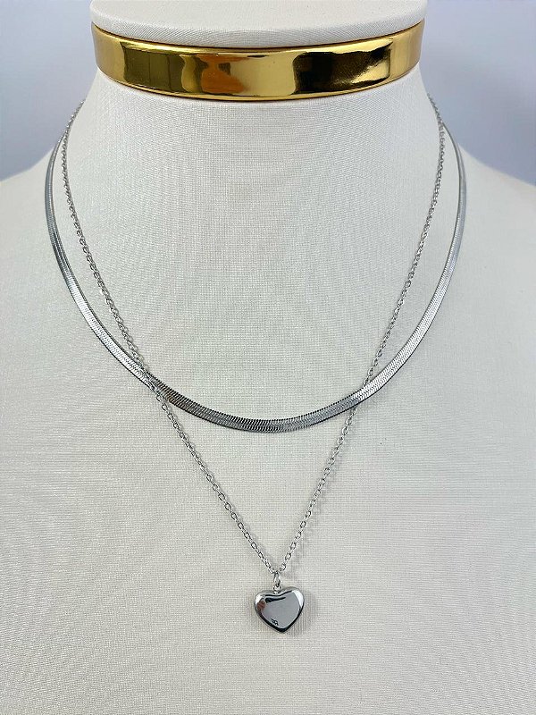 Colar Duplo Aço Inox corrente fita e cadeado diamantada pingente coração antialergico medida 45cm - 1 unidade