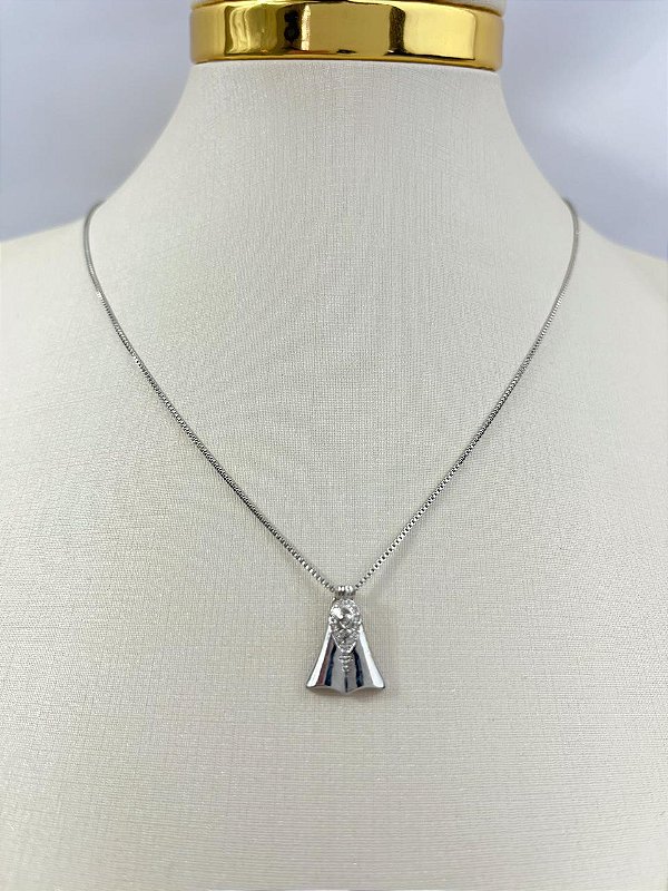 Colar veneziana pingente Aparecida com zirconia - 40cm mais extensora - banho Diamante com verniz