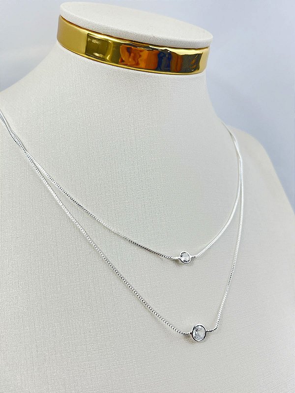 Colar Duplo veneziana Prata com zirconia cristal com 40cm e extensora - Banho Semijoia Prata 925 com 50 milésimos camada e verniz protetivo - 1 unidade