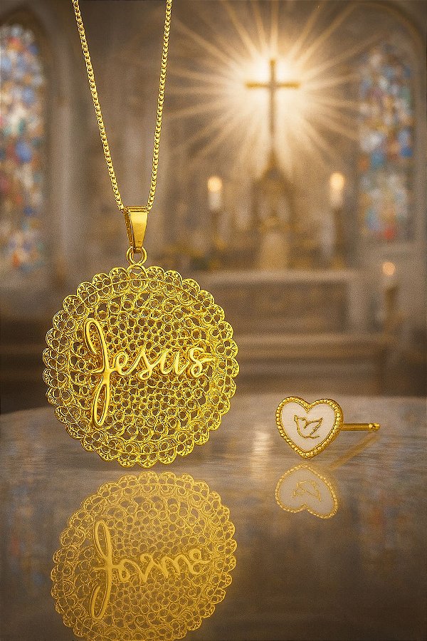 Conjunto Colar + Brinco Jesus Ouro - 01 conjunto