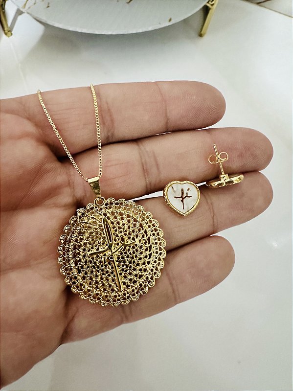Conjunto Colar + Brinco Fe Ouro - 01 conjunto