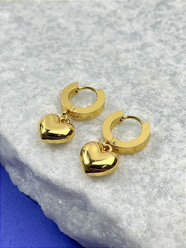 Brinco Argola click Aço inox dourado com coraçao - 1 par
