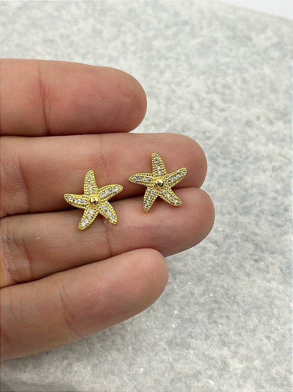 Brinco Estrela do mar com Zirconia banho ouro com verniz - 1 par