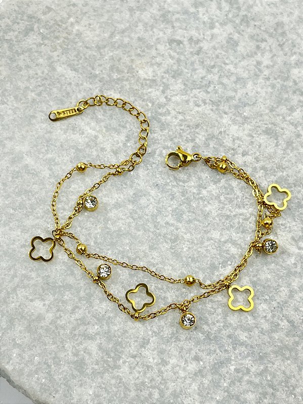 Pulseira Cadeado aço inox dourada com Trevo medida 17cm - 1 unidade