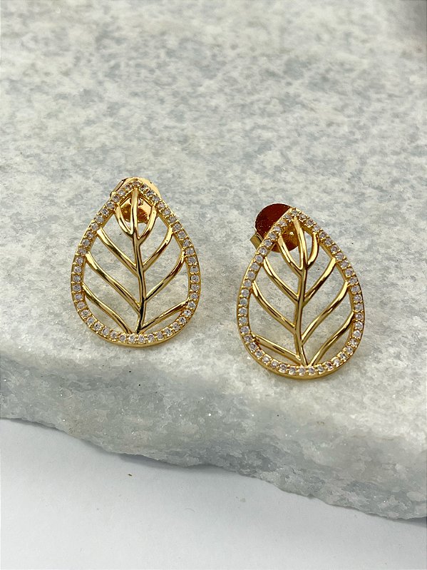 Brinco Folha com Zirconia banho ouro - 1 par
