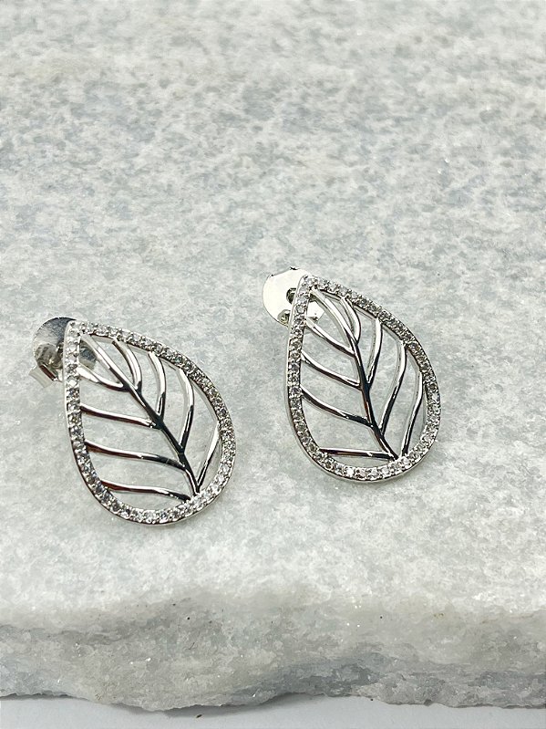 Brinco Folha com Zirconia banho diamante - 1 par