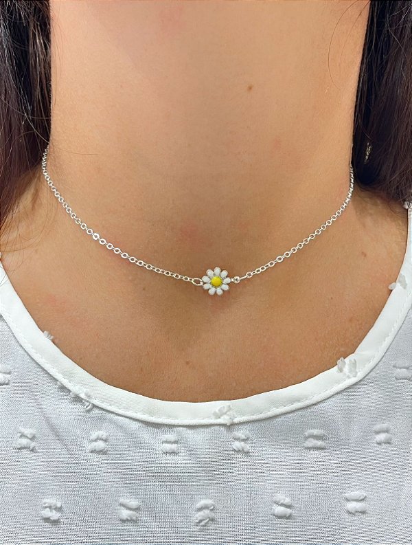 Colar Margarida Banho Prata 925 Semijoia camada 50 milésimos com verniz italiano - corrente cadeado - 1 unidade com 36cm + extensora