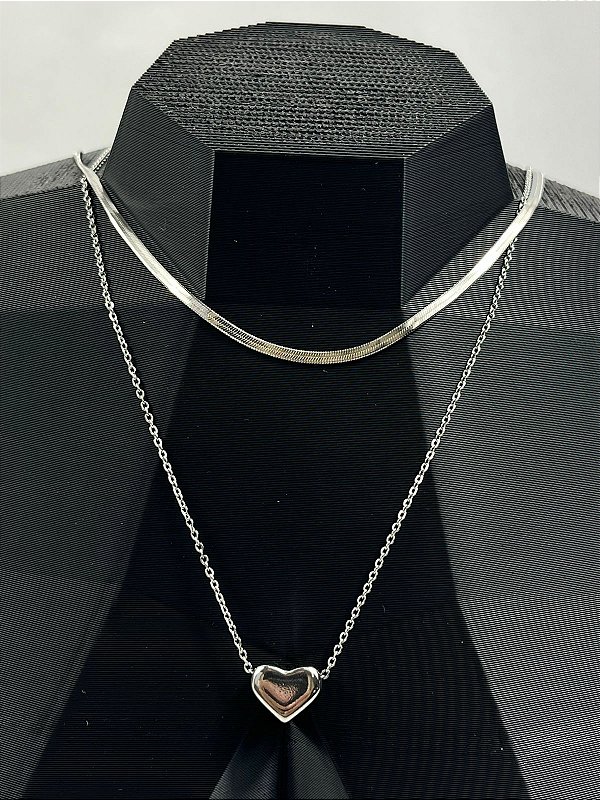 Colar Aço Inox Duplo com Fita 3mm e cadeado com pingente coração - antialergico - medida 40cm e extensora - 1 Unidade