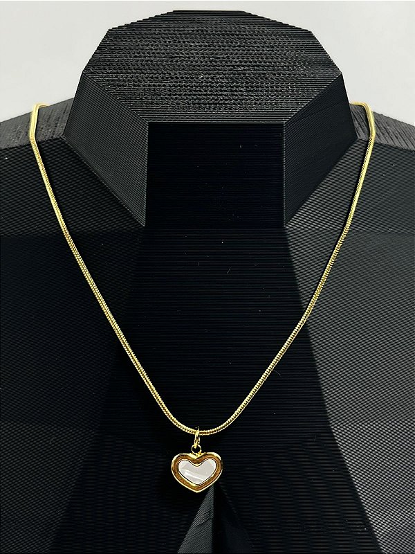 Colar Rabo de Rato Aço Inox Dourado pingente Coracao com madreperola - antialergico - medida 40cm e extensora - 1 Unidade