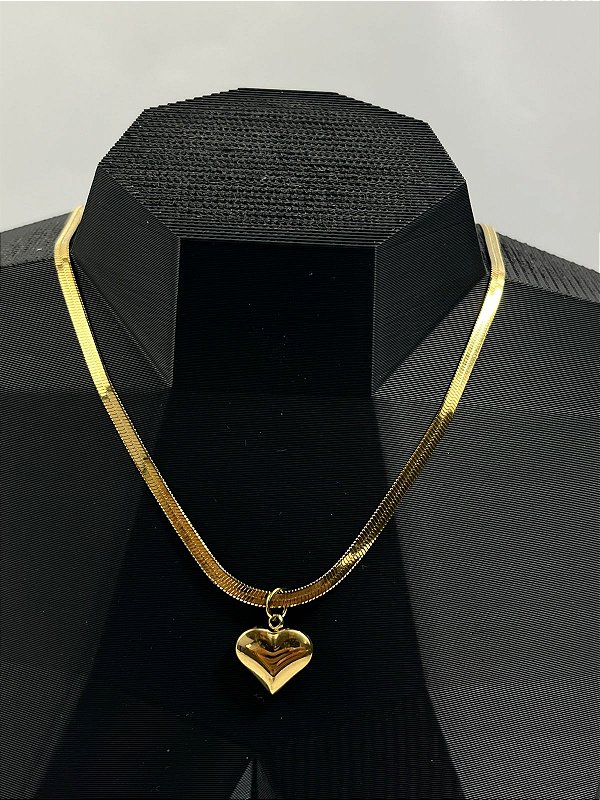 Colar Fita Aço Inox Dourado pingente Coracao - antialergico - medida 40cm e extensora - 1 Unidade