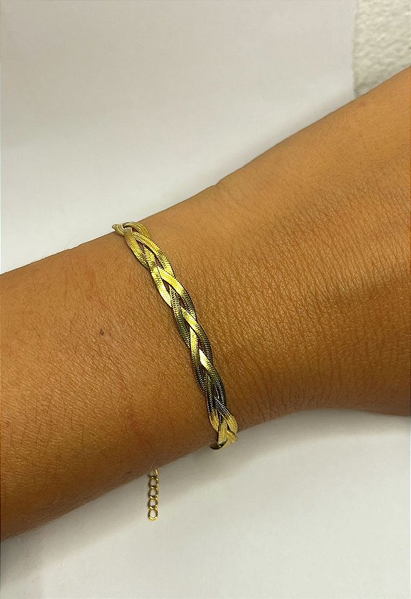 Pulseira Fita Trançada Aço Inox Dourado - antialergico - medida 17cm e extensora - 1 Unidade
