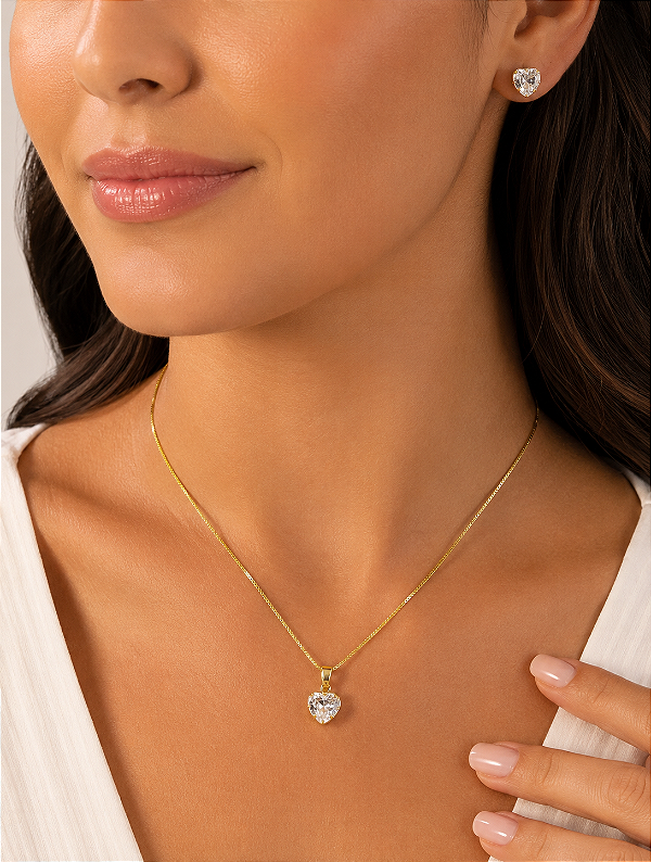 Conjunto Colar e Brinco Coraçao Zirconia cristal - Banho Ouro 2 milésimos com verniz italiano - 1 colar e 1 par de brinco