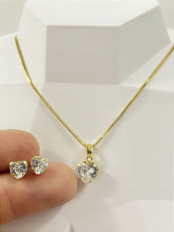 Conjunto Colar e Brinco Coraçao Zirconia cristal - Banho Ouro 2 milésimos com verniz italiano - 1 colar e 1 par de brinco
