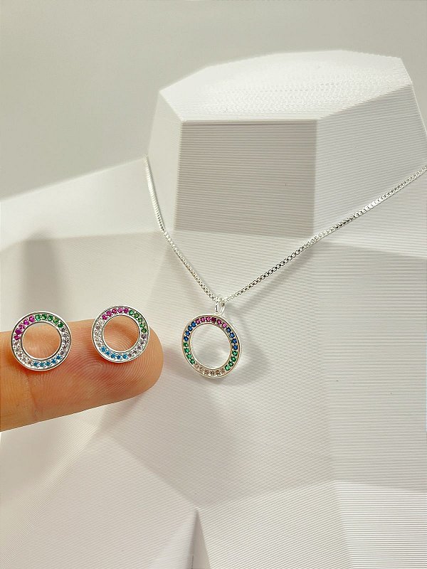Conjunto Colar e Brinco zirconia colorida - Banho Prata 925 Semiijoia - 50 milésimos com verniz italiano - 1 colar e 1 par de brinco