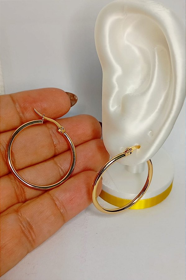 Brinco argola 30mm click Aço Inox dourado - 1 par