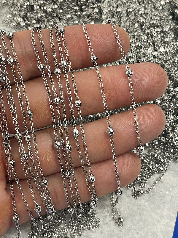 Corrente Aço Inox Cadeado Diamantada com Bolinha - NAO ESCURECE NUNCA - 1 Metro