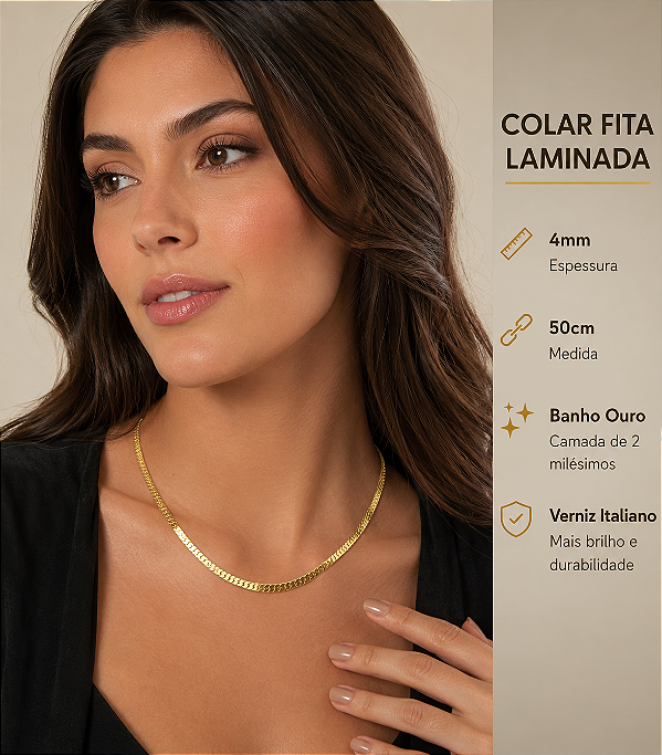 Colar Fita Laminada de 4mm espessura - medida 50cm Banho Ouro camada 2 milésimos com verniz Italiano - 1 Unidade