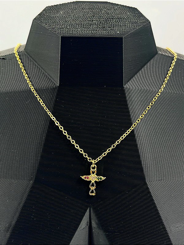 Colar cadeado com pingente cruz cravejada em ziconia colorida banho ouro 2 milésimos com verniz italiano - 1 unidade
