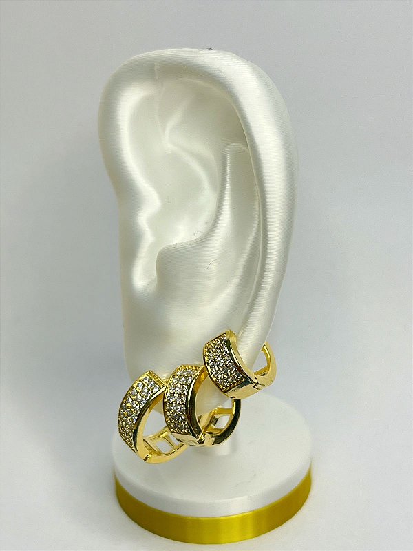 Trio Brinco Argola cravejado zirconia banho ouro 2 milesimos com verniz italiano - 1 par de cada tamanho - P M G