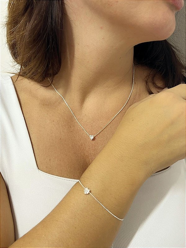 Conjunto Veneziana Ponto de Luz Coração - Prata Semijoia 925 com 50 milésimos de camada - 1 colar + 1 pulseira + 1 par de brinco