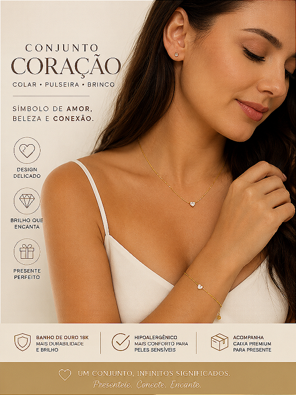 Conjunto Veneziana Ponto de Luz Coração - Banho ouro 2 milésimos de camada - 1 colar + 1 pulseira + 1 par de brinco