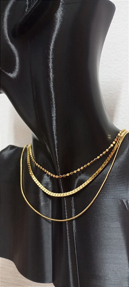 Kit Choker com 3 modelos Banho ouro 2 milésimos e verniz protetivo - 3 unidades de 40cm cada