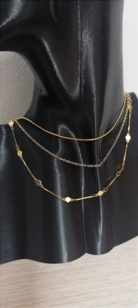 Kit Choker com 3 modelos Banho ouro 2 milésimos e verniz protetivo - 3 unidades de 40cm cada