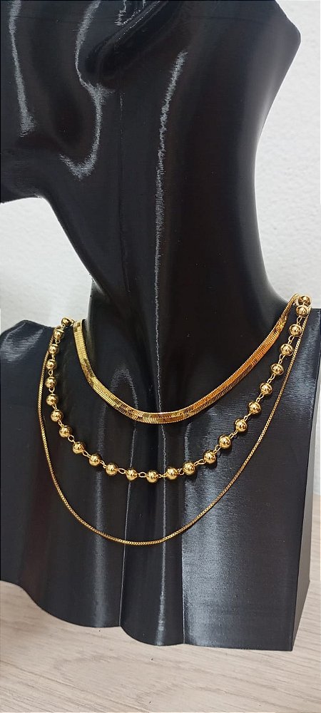Kit Choker com 3 modelos Banho ouro 2 milésimos e verniz protetivo - 3 unidades de 40cm cada