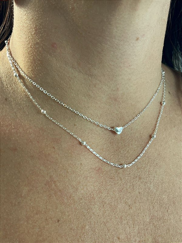 Colar Duplo Coracao Prata 925 Semijoia - Banho 50 milésimos - 1 unidade com 40cm