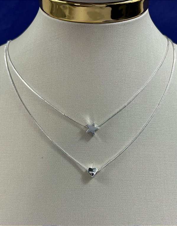 Colar Duplo Estrela Coracao Prata 925 Semijoia - Banho 50 milésimos - 1 unidade com 40cm
