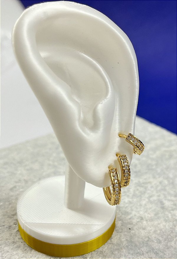 Trio Brinco Argola com zirconia cravejada - Banho ouro 2 milésimos e verniz - 3 pares P M G