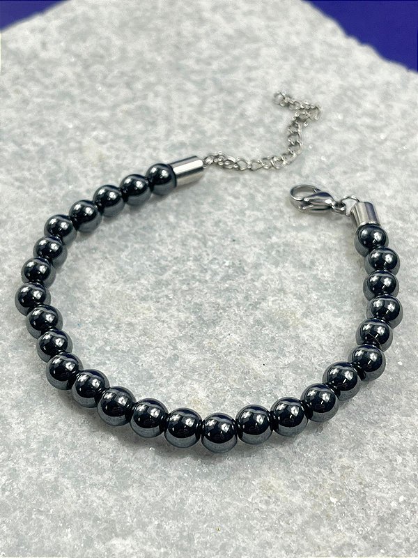 Pulseira Pedra Natural Hematita com acabamento em aço inox antialergica - medida 17cm + 7cm de extensora