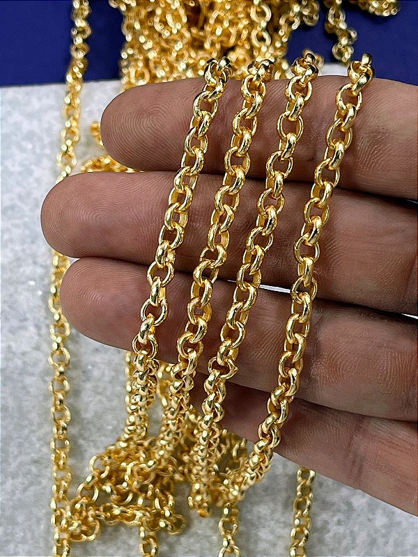 Corrente Guarana elo portugues meia cana - arame 1,85mm - ferro banho ouro 2 milésimos com verniz - 1 metro