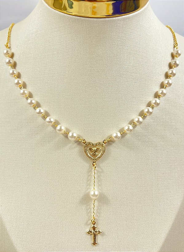 Colar Terço Espírito Santo com pérola banho Ouro 2 milésimos com verniz - 1 unidade com extensor