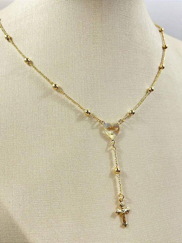 Colar Terço Espírito Santo com pérola banho Ouro 2 milésimos com verniz - 1 unidade com extensor