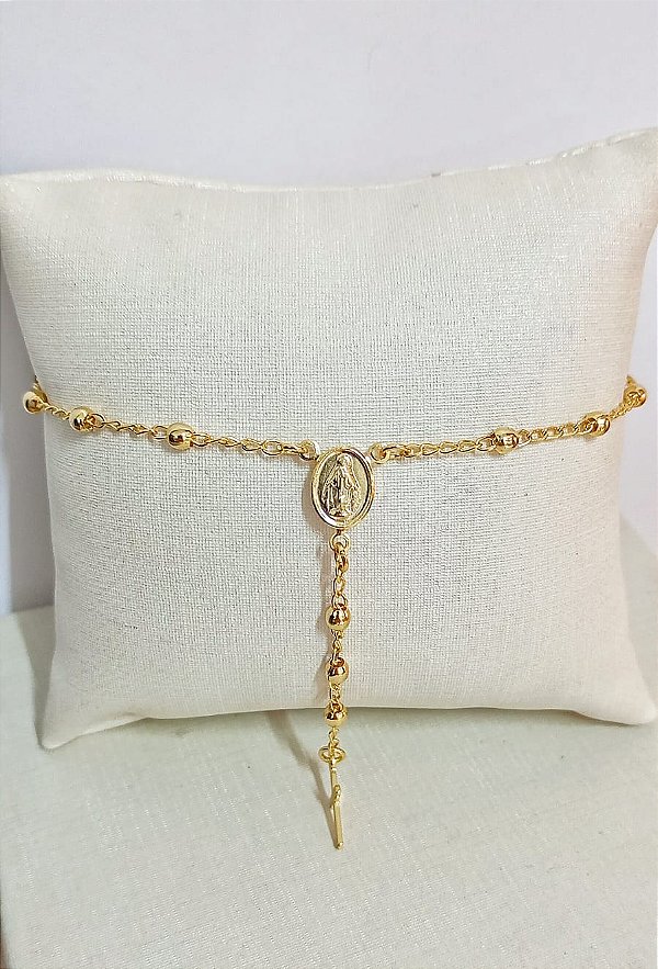 Pulseira tipo terço Nossa Senhora das Graças - banho ouro 2 miléslimos com verniz italiano - 1 unidade