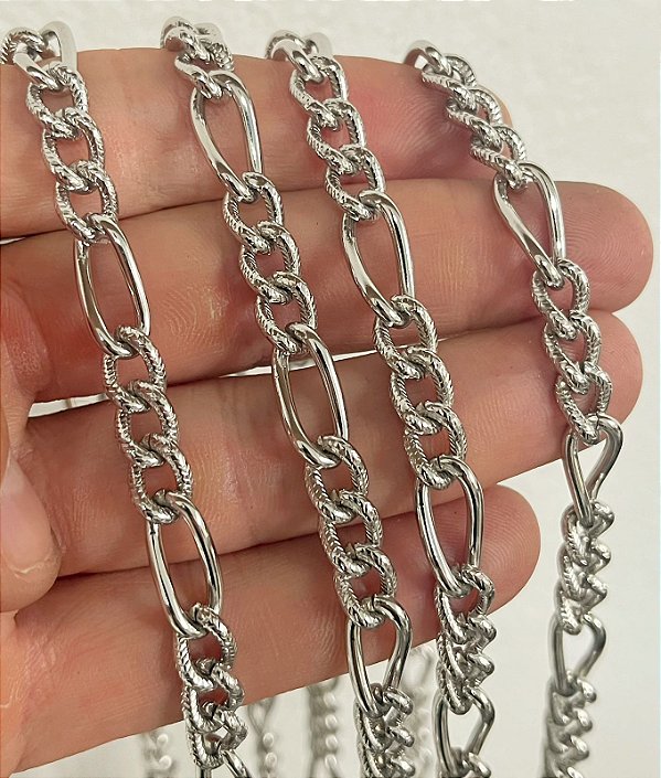 Corrente Aço inox 3x1 trabalhada - Antialergica - Nao Escurece Nunca - 1 metro