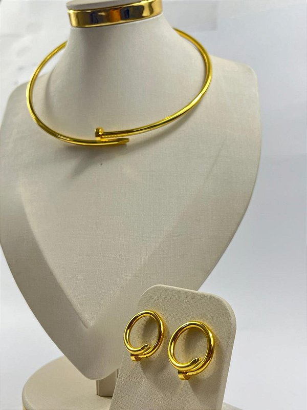 Conjunto Prego em Aço inox dourado - antialergico - Choker + brinco