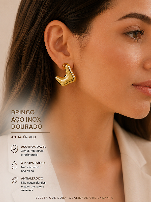 Brinco Argola orgânico Aço inox Dourado - 1 par