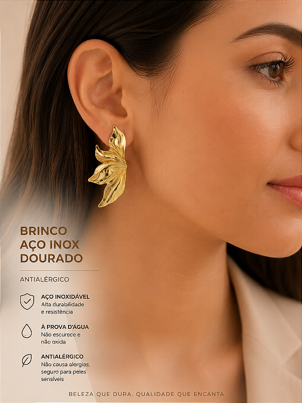 Brinco Flor Organica Aço inox Dourado - 1 par