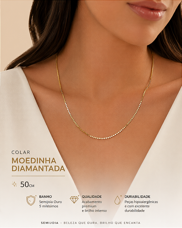 Colar Moedinha diamantada 50cm Banho Semijoia Ouro 5 milésimos com 10cm de exntensora - 1 unidade