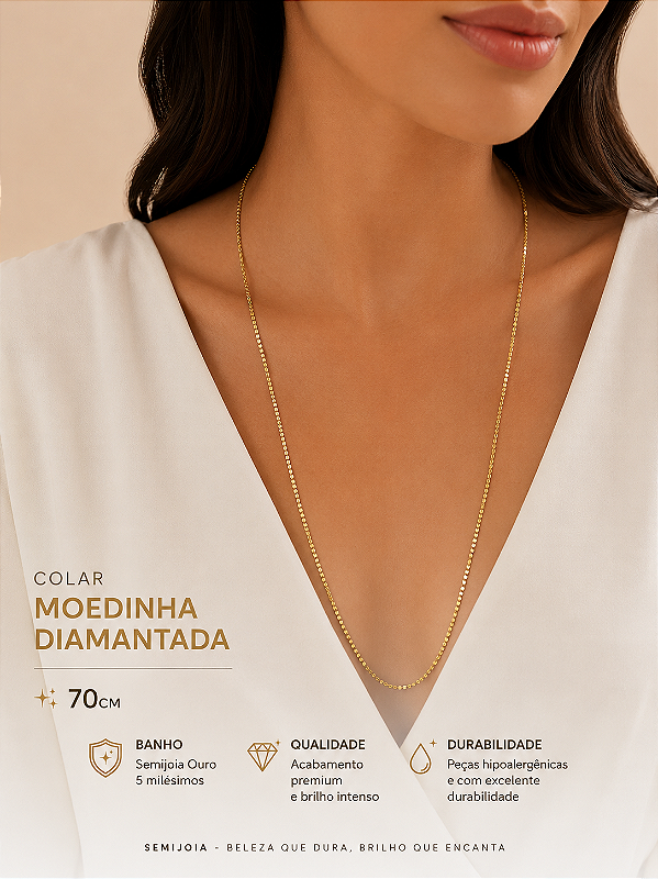 Colar Moedinha diamantada 70cm Banho Semijoia Ouro 5 milésimos com 10cm de exntensora - 1 unidade