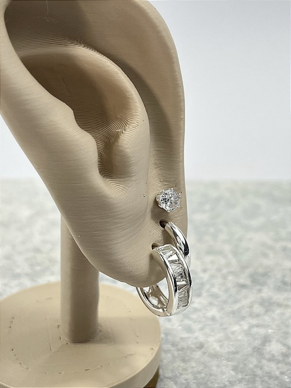 Trio Brinco Prata Semijoia com Zirconia cristal banho 50 milésimos - 3 pares