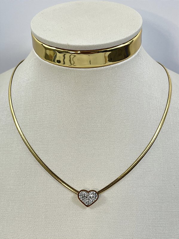 Colar Fita Aço inox com pingente cravejado Zirconia - medida 45cm