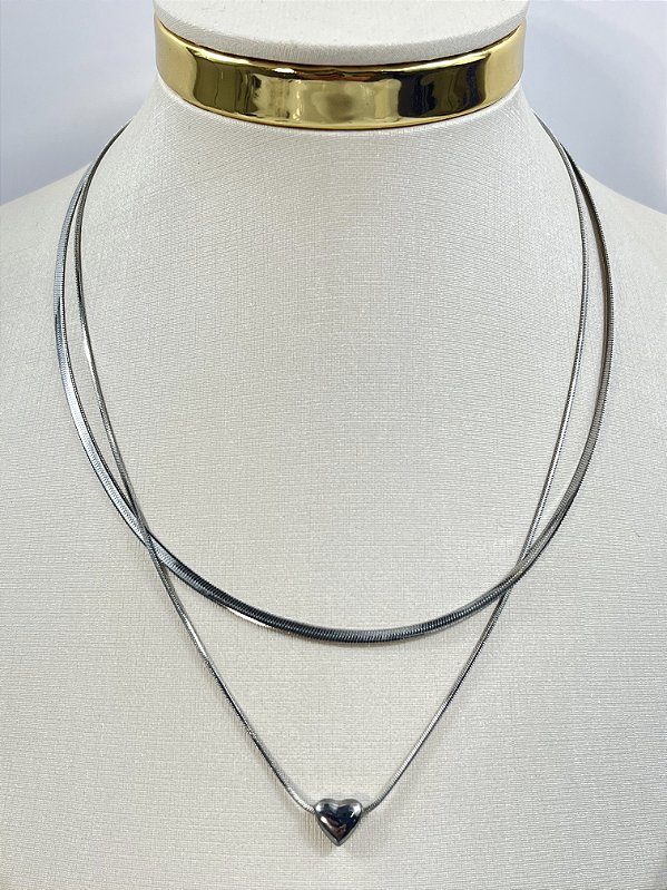 Colar Duplo Fita Aço inox com pingente coração passante - medida 45cm